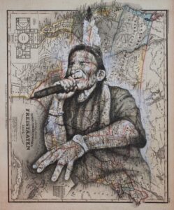 Robert Martinez_Story Teller_graphite and acrylic on vintage map image_14x11